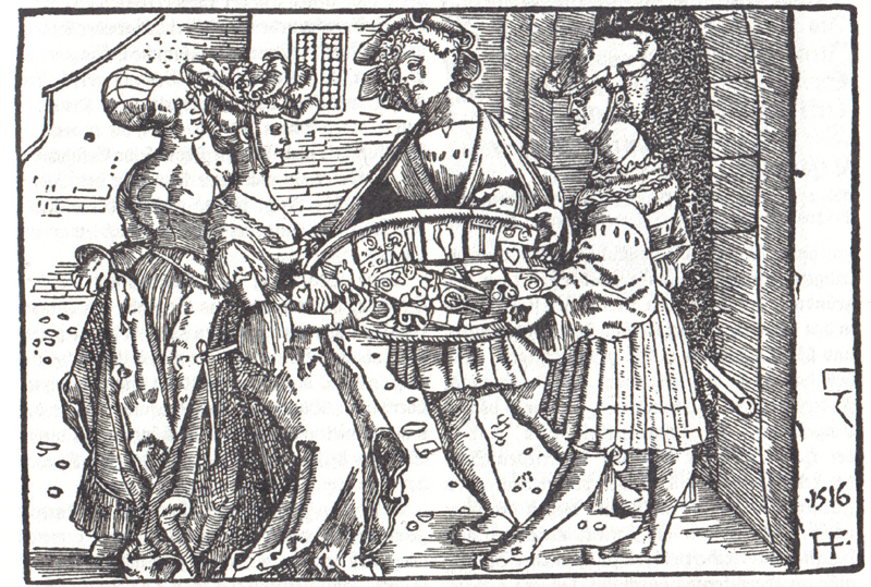 Marketender bietet seine Waren an (Holzstich aus 1516.)